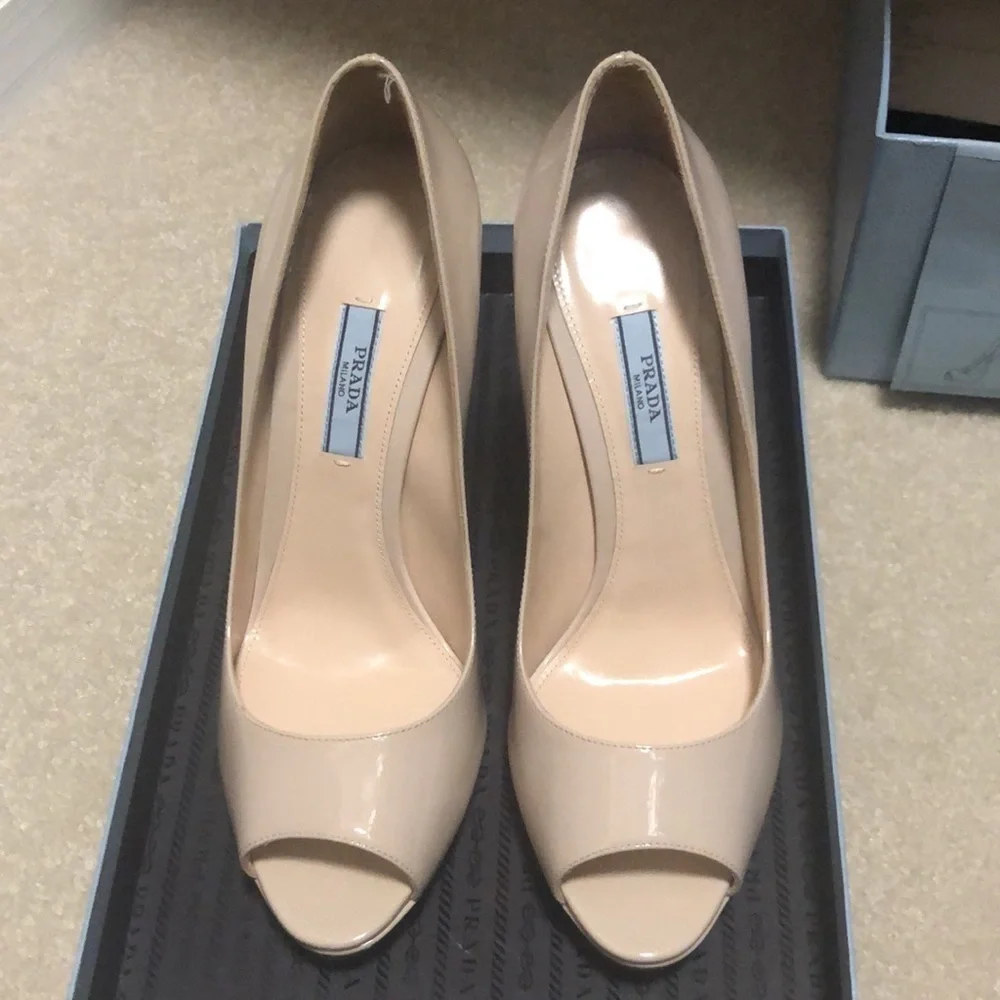 PRADA Nude Patent Leather Platform Peep Toe Pumps size 39